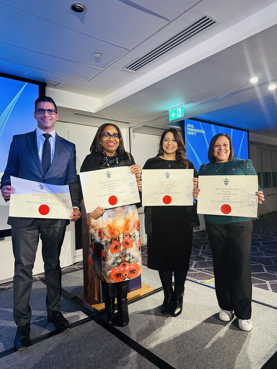 Sobha Sharma Kandel (@sobha_sharma) on Twitter photo I am honoured to be awarded Fellowship of the <a href="/rpharms/">Royal Pharmaceutical Society</a> for outstanding contribution in the #Pharmacy profession.
On 08/11/24 all new Fellows were given their certificates at a recognition event in London including my colleagues <a href="/HatulShah/">Hatul Shah</a> <a href="/Ifesi30/">Ifesi30</a> <a href="/ShilpaS76/">Shilpa Shah</a> Congratulations 🎉 I am honoured to be awarded Fellowship of the <a href="/rpharms/">Royal Pharmaceutical Society</a> for outstanding contribution in the #Pharmacy profession.
On 08/11/24 all new Fellows were given their certificates at a recognition event in London including my colleagues <a href="/HatulShah/">Hatul Shah</a> <a href="/Ifesi30/">Ifesi30</a> <a href="/ShilpaS76/">Shilpa Shah</a> Congratulations 🎉
