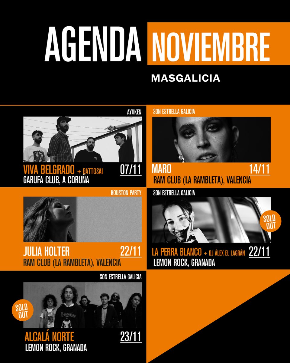 🔸 AGENDA DE NOVIEMBRE 🔸

07/11 • <a href="/vivabelgrado/">Viva Belgrado</a> + Battosai • <a href="/GarufaClub/">GarufaClub</a>, Coruña

14/11 • <a href="/itsameeemaro/">MARO</a> • @La_Rambleta, Valencia 

22/11 • <a href="/JULIA_HOLTER/">julia holter</a> • Ram Club (La Rambleta), Valencia

22/11 • La Perra Blanco + DJ Álex @el_lagran • <a href="/LemonrockGr/">lemonrockgranada</a> /// SOLD OUT!

•••