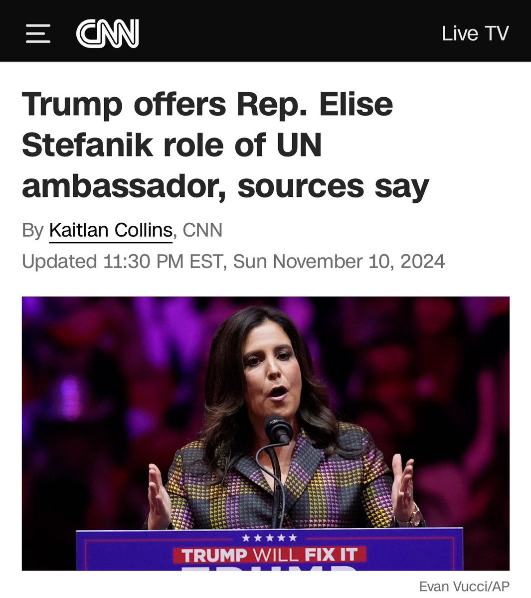 🚨🇺🇸 Trump could not make a WORSE PICK for UN Ambassador.

Elise Stefanik is a HARDCORE ZIONIST who wants WAR with IRAN.

She’s such a DEEP STATER, she called NATO’s proxy war in Ukraine: “PUTIN’S GENOCIDE.”

What happened to “no neocons” <a href="/DonaldJTrumpJr/">Donald Trump Jr.</a>?