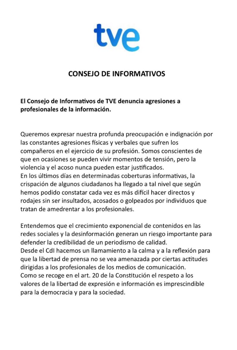 🔴El Consejo de Informativos de TVE denuncia agresiones físicas y verbales contra compañeros en el ejercicio de su profesión. 
Matar al mensajero no es el camino. <a href="/CdItve/">Consejo de Informativos TVE</a>