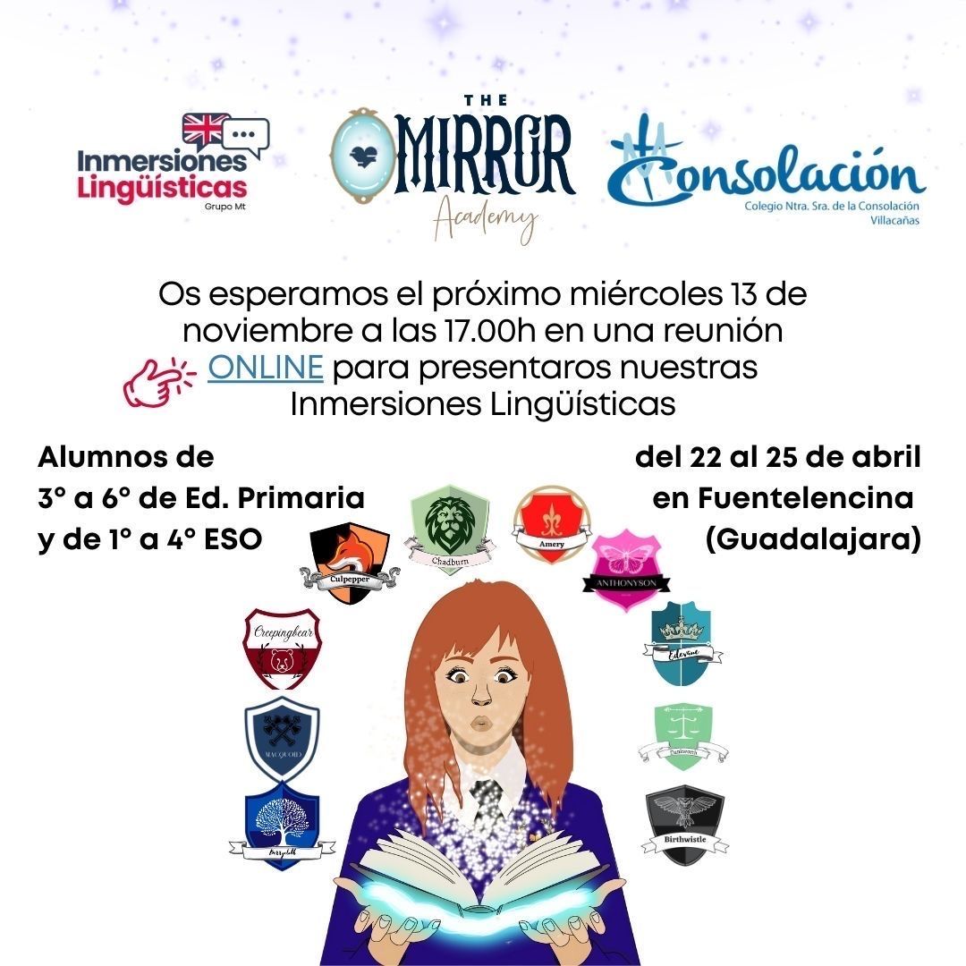 🇬🇧Reunión Presentación Inmersiones Lingüísticas🗣
🗓 Miércoles, 13 de noviembre 
⏰ 17 horas 
📍Online 💻
#consolacióneduca #villacañas #Auténticos
<a href="/grupomt_/">Grupo M&T Impresores</a>