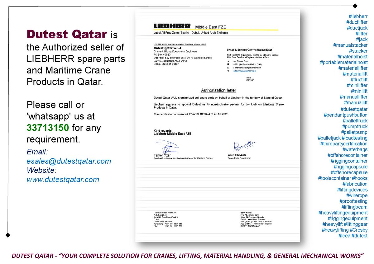 Dutest Qatar is the Authorized seller of LIEBHERR spare parts and Maritime Crane Products in Qatar. Please call or 'whatsapp' us at 33713150 for any requirement. Email: esales@dutestqatar.com
Website: dutestqatar.com