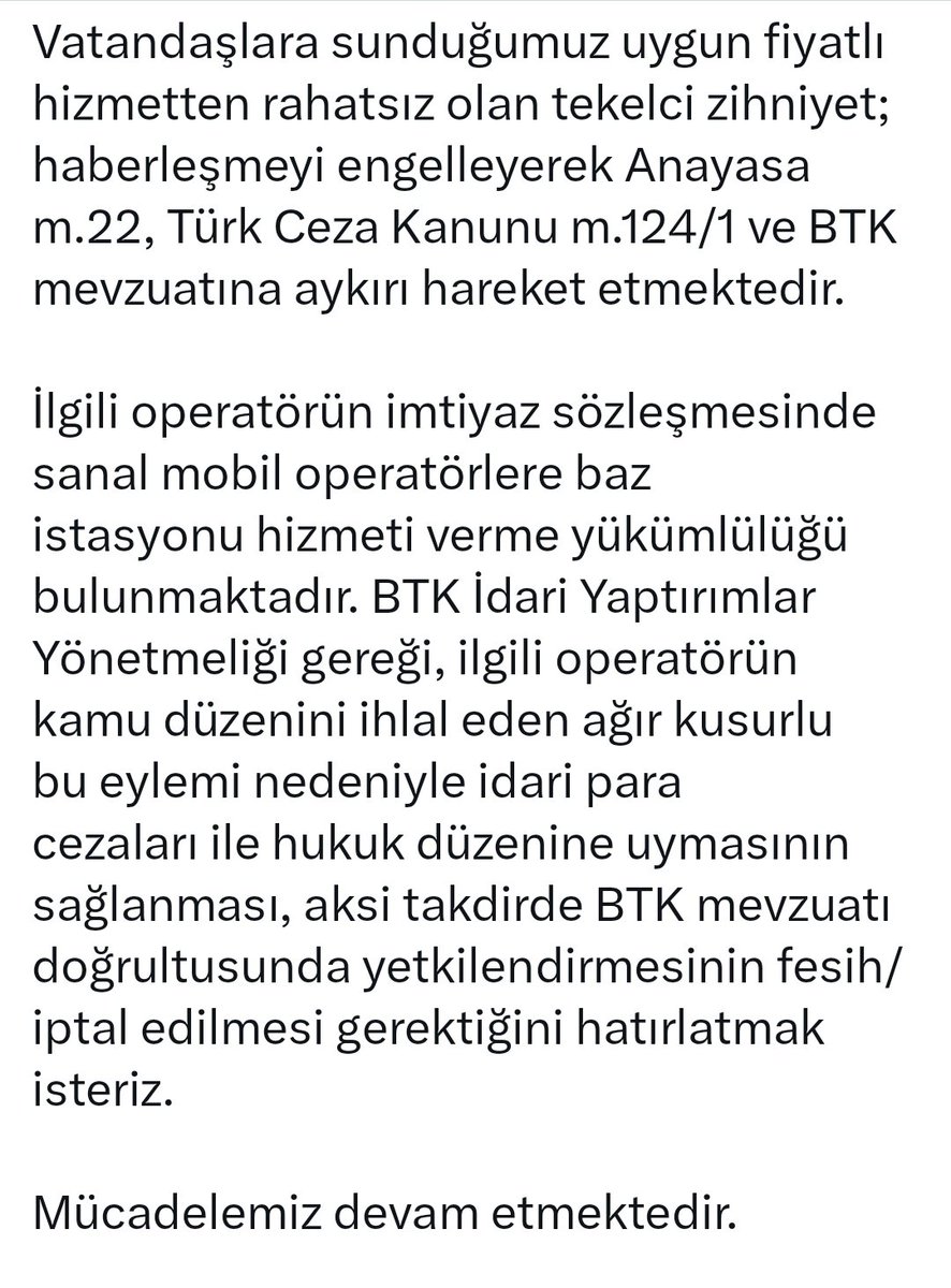 #skandal Turkcell’in altyapısını kullanan NetGSM’in Uygun fiyatlı tarife sunması sonrasında, Turkcell tarafından baz istasyonuna erişimleri engellemeye dün itibariyle başladığı ortaya çıktı 

<a href="/NET_GSM/">Netgsm</a>

#netgsm #netgsmengelleniyor