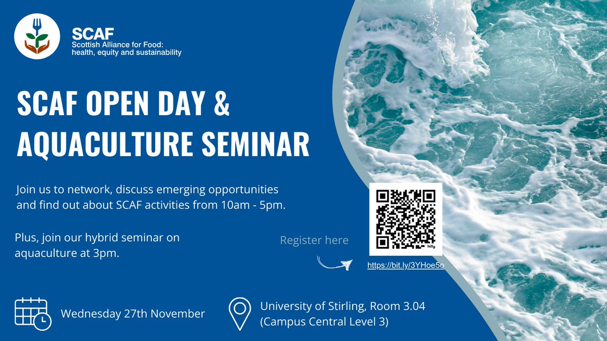 Scottish Alliance for Food (SCAF) (@scaf_arc) on Twitter photo 📢 SCAF Open Day! Join us at <a href="/StirUni/">University of Stirling</a> to network, discuss emerging opportunities and find out about SCAF activities 🍴🍅🫒
You can also join our seminar about the role of aquaculture in the food system at 3pm in-person or online 🌊
More info 👉 bit.ly/3YHoe5o 📢 SCAF Open Day! Join us at <a href="/StirUni/">University of Stirling</a> to network, discuss emerging opportunities and find out about SCAF activities 🍴🍅🫒
You can also join our seminar about the role of aquaculture in the food system at 3pm in-person or online 🌊
More info 👉 bit.ly/3YHoe5o