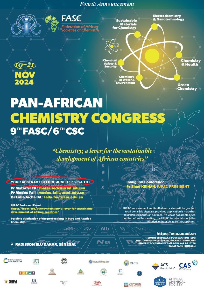 #ACTIVITE🧪
Assemblée Générale de la Fédération des Sociétés Africaines de Chimie #FASC
En marge des Journées Annuelles de Chimie du Sénégal #JACS

🗓️19-21 novembre 2024

🔵 ucadedu-my.sharepoint.com/:w:/g/personal…

🔵 ucadedu-my.sharepoint.com/:b:/g/personal…

#ucad #kebetu #chimie #comdigitale