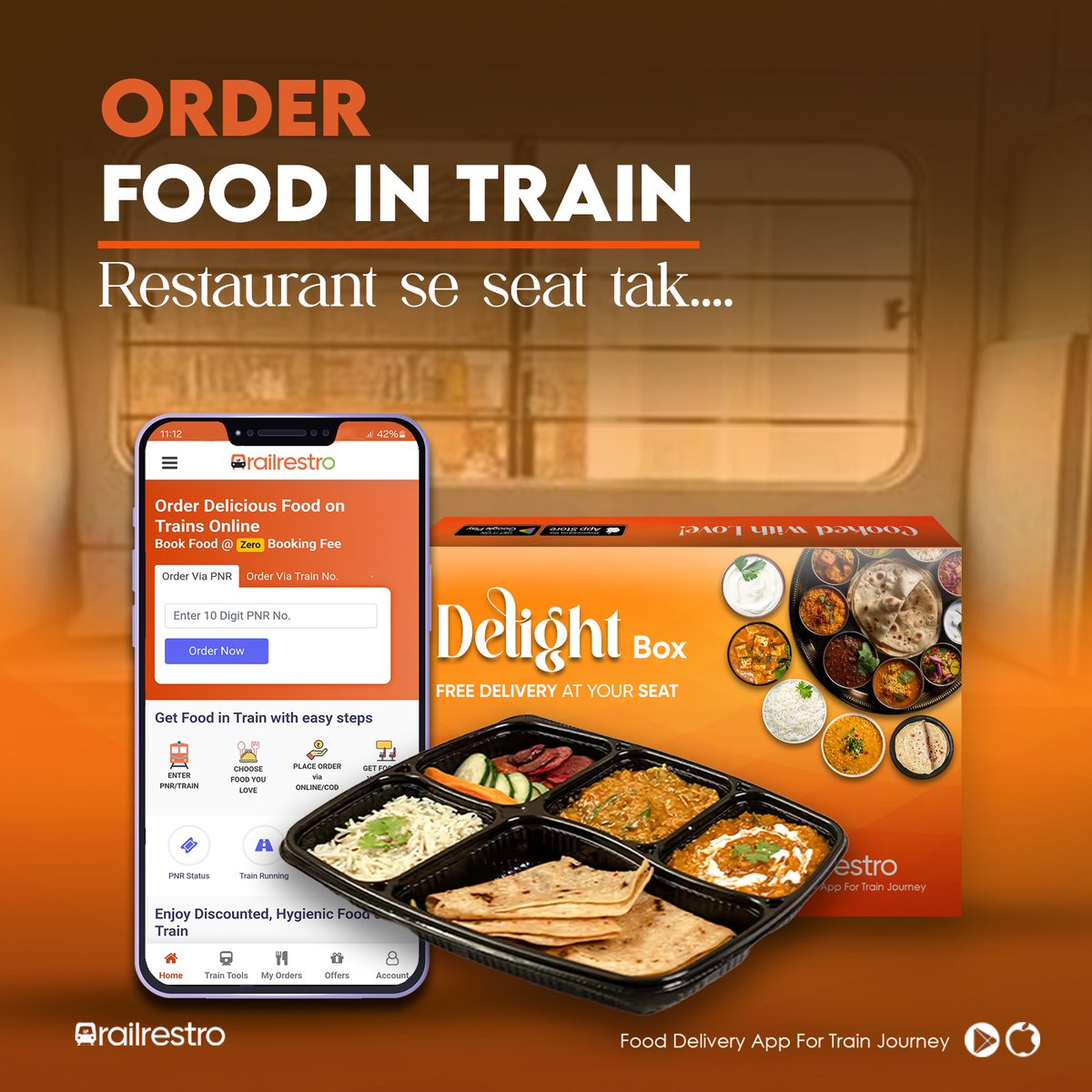 Railrestro's tweet image. Order Tasty Meals on your train journey with RailRestro! Get food delivered right to your seat with zero booking fees. 

Visit our Website railrestro.com or
Download the app now! 

#RailRestro #TrainFood #IndianRailways #orderfoodintrain