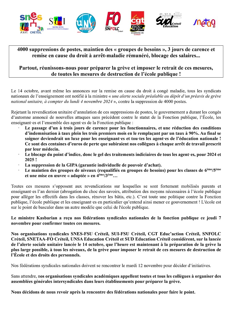 Communiqué intersyndical <a href="/SnesFsuCreteil/">SNES-FSU CRETEIL</a>, <a href="/SUI_FSU/">SUI-FSU</a> Créteil, <a href="/CGTEducCreteil/">CGT Educ Créteil</a>, SNFOLC
Créteil, <a href="/SnetaaFO/">SNETAA-FO</a> Créteil, <a href="/UnsaEducCreteil/">Unsa Educ Creteil</a> et <a href="/sud_edu_creteil/">Sud Éduc' Créteil</a>

Partout, réunissons-nous pour préparer la grève et imposer le retrait de toutes les mesures de destruction de l’école publique !