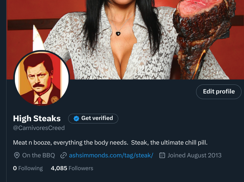 CarnivoresCreed's tweet photo. Getting back down to 4,000 followers celebration tweet.  
  
Watch me celebrate.  
  
Just bring me all the steak and red wine you have. https://t.co/xQ3ZX5UfSs