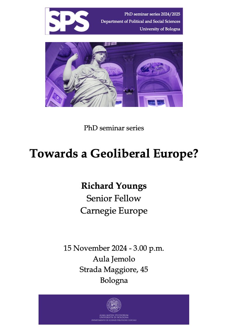 📢 New round of IR Seminar is about to take off at <a href="/Unibo/">Università di Bologna</a>! 

Join us this Friday as we will have the pleasure of hosting <a href="/YoungsRichard/">Richard Youngs</a>, who will speak on the future of a Geoliberal Europe. 

📌To join online, please subscribe to the following link: 

🔗events.teams.microsoft.com/event/5f8c744b…