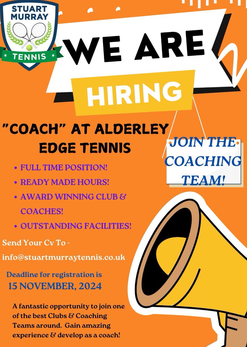StuMurrayTennis's tweet photo. 🎾ALDERLEY EDGE TENNIS - JOB VACANCY🎾

An amazing opportunity to join the Team of Coaches at Alderley Edge Tennis. This ready made Full Time position offers great potential to progress as a coach. 

Link - https://t.co/gKKwXqFPB6 https://t.co/5y8DpHHgJN