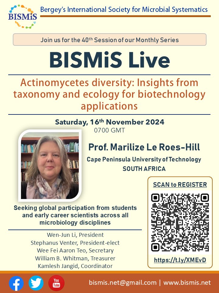 Bergey's Intl. Society for Microbial Systematics (@bismis_) on Twitter photo #BISMiSLive completes four years with its upcoming session where we host Prof. Marilize Le Roes-Hill from <a href="/CPUT/">CPUT</a> who will speak on the diversity of Actinomycetes. Register at t.ly/XMEvD #TaxonomyIsFun <a href="/jangidk_/">Kamlesh Jangid</a> <a href="/fanus_venter/">Fanus Venter</a> <a href="/MicrobioSoc/">Microbiology Society</a> <a href="/Leibniz_DSMZ_en/">Leibniz-Institut DSMZ</a> <a href="/mcm_aripune/">MACS Collection of Microorganisms (MCM)</a> #BISMiSLive completes four years with its upcoming session where we host Prof. Marilize Le Roes-Hill from <a href="/CPUT/">CPUT</a> who will speak on the diversity of Actinomycetes. Register at t.ly/XMEvD #TaxonomyIsFun <a href="/jangidk_/">Kamlesh Jangid</a> <a href="/fanus_venter/">Fanus Venter</a> <a href="/MicrobioSoc/">Microbiology Society</a> <a href="/Leibniz_DSMZ_en/">Leibniz-Institut DSMZ</a> <a href="/mcm_aripune/">MACS Collection of Microorganisms (MCM)</a>