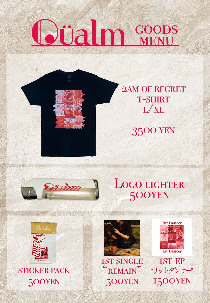 __qualm__'s tweet photo. 💐GOODS💐

11/15(金)開催のワンマンライブ 
｢踊子｣より発売のグッズを紹介！

🟥2AM of regret T-shirt   L/XL   
     ¥3500

🟥LOGO LIGHTER 
     ¥500

🟥STICKER PACK 
     ¥500 

開場から開演までの時間でも
ご購入いただけます。

 #Qüalm  #踊子 https://t.co/p2NAGMBxia