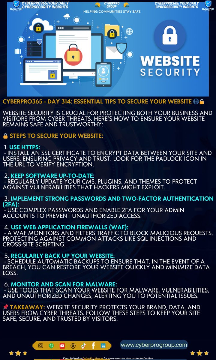 "Wondering How to Secure Your Website? We’ve Got You Covered with Practical Solutions!"

Stay tuned with CyberPro365 for more insights on protecting your online presence! #CyberPro365 #WebsiteSecurity #StaySecure