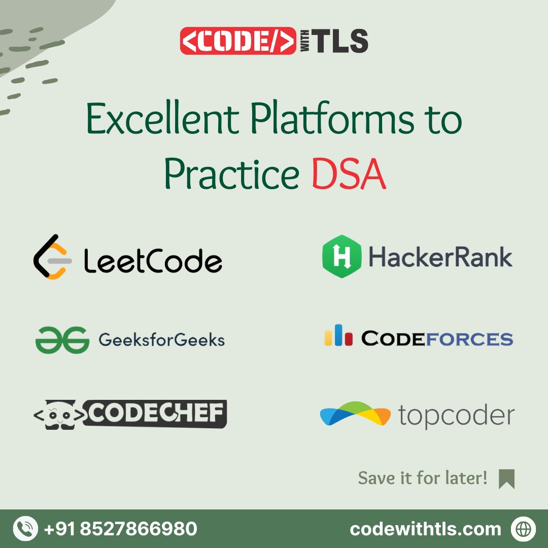 codewithtls's tweet photo. "Boost your DSA skills! These platforms offer top resources for interview prep and coding practice." @codewithtls 

Call +91 8527866980 
 https://t.co/w5xfhyMxIl

#Coding #Programming #DataStructures #Algorithms #InterviewReady #CodeWithTLS https://t.co/NkW1EjHRvv