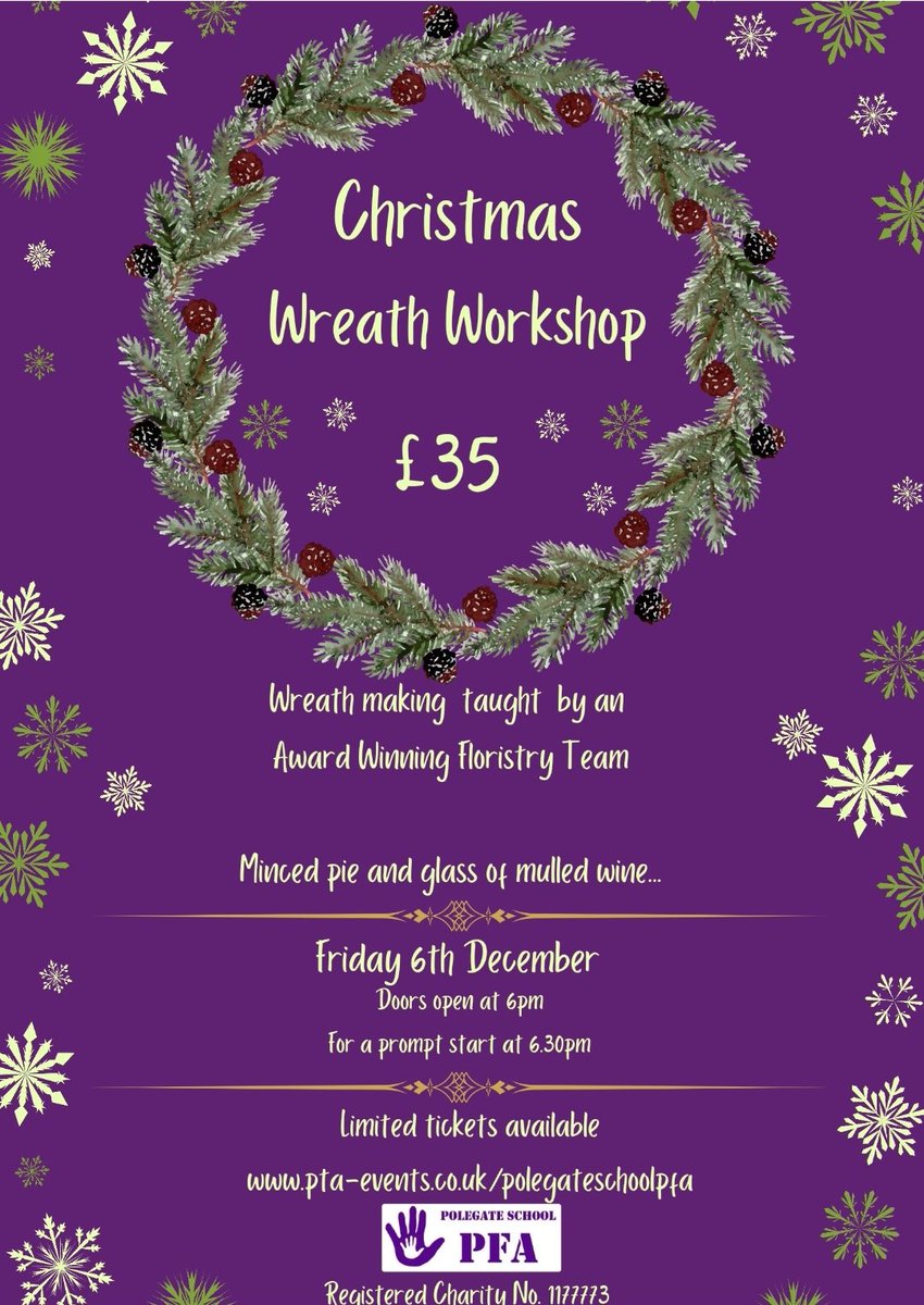 PFAPolegate's tweet image. An award winning floristry team... .mulled wine.... mince pies.... what more could you ask for! Come and join us for our Wreath workshop tickets available now and are limited so don't miss out!  @PolegateSchool
@s_polegate
pta-events.co.uk/polegateschool…