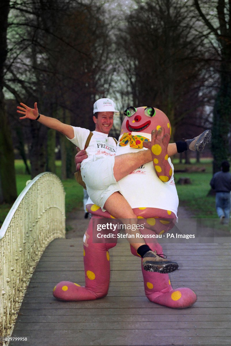 shitbritishpics's tweet image. Mr Blobby promotes &quot;Le Walk&quot;, the first time man has walked between England and France since the ice age (1993)