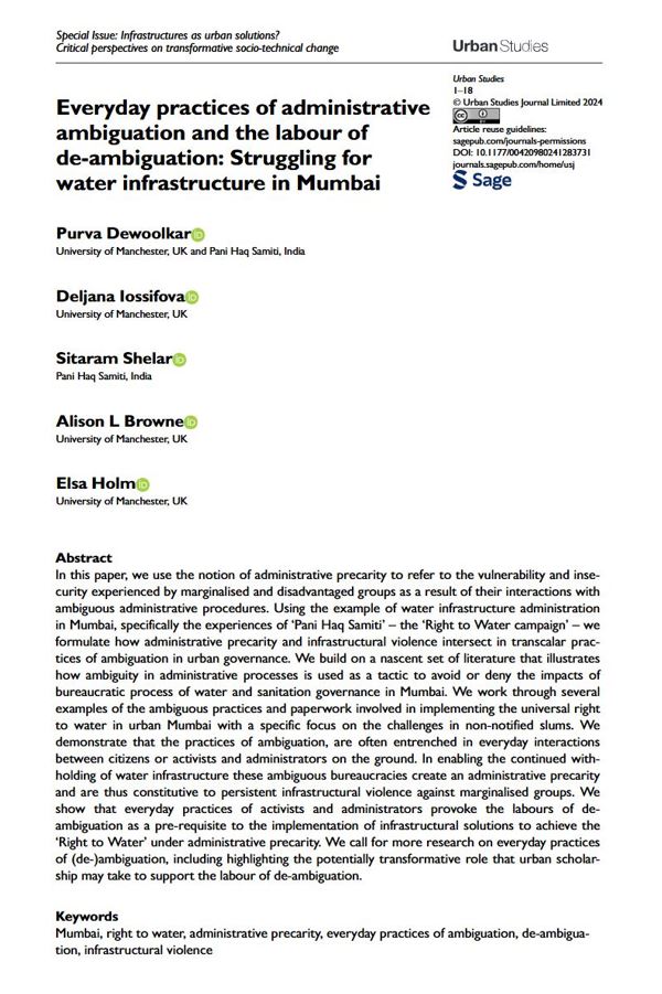 New #OpenAccess special issue article by <a href="/purvadewoolkar/">Purva Dewoolkar</a>, @deljanai, <a href="/dralibrowne/">Prof Ali Browne (she/her)</a>, <a href="/SitaramShelar/">Sitaram Leelabai Gangaram Shelar</a>, <a href="/elsa_holm/">Elsa Holm</a> and <a href="/PaniHaq/">Pani Haq Samiti</a>: Everyday practices of administrative ambiguation and the labour of de-ambiguation: Struggling for #water infrastructure in #Mumbai
ow.ly/EUzY50U4ewX