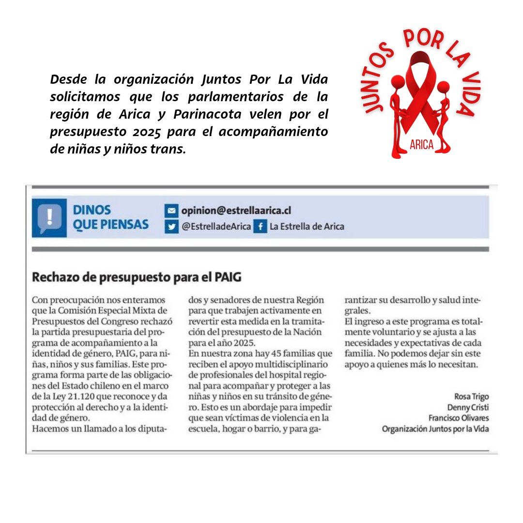 JuntosporlaVida's tweet photo. Desde la organización Juntos Por La Vida solicitamos que los parlamentarios de la región velen por el presupuesto 2025 para el acompañamiento de niñas y niños trans
@luis_malla @vladomirosevic @EnriqueLeeF
@SenadorDurana https://t.co/1QG0JaaFoY