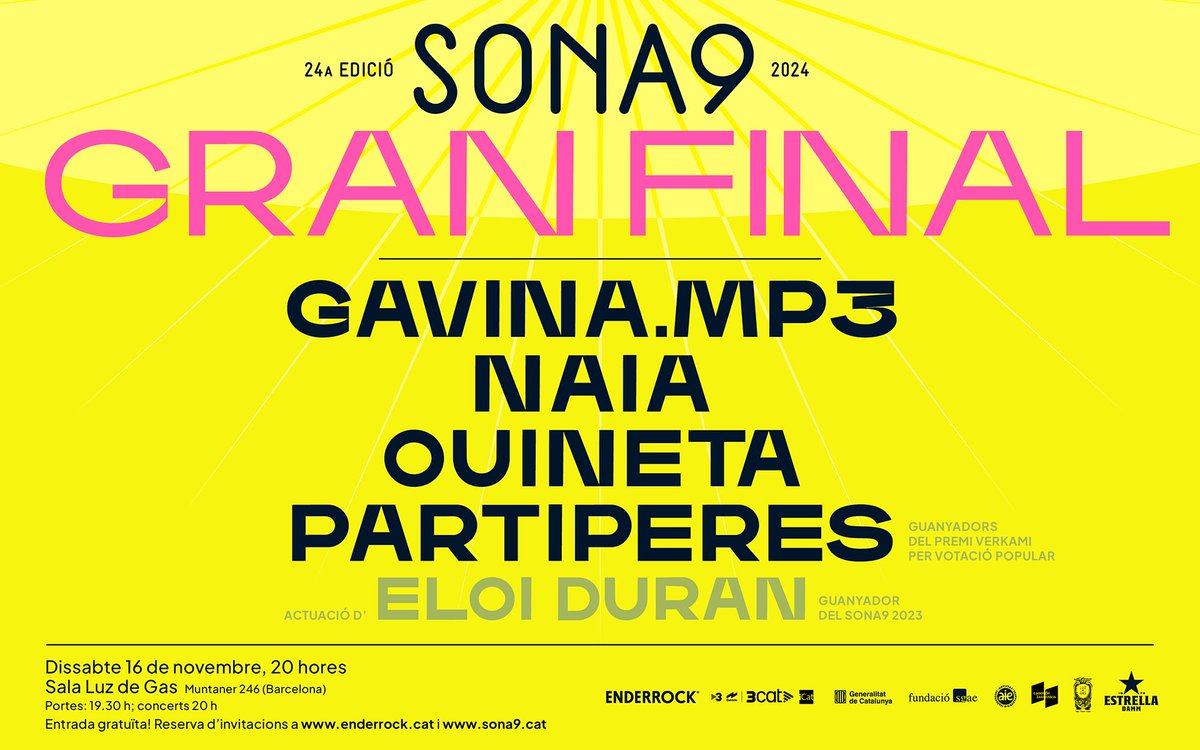 Sona9 (@sonanou) on Twitter photo GRAN FINAL DEL SONA9 2024!
Dissabte 16 de novembre a la sala <a href="/LuzdeGasClub/">Luz de Gas</a>
Amb les actuacions de Gavina.mp3, <a href="/ouineta/">Ouineta</a>, Naia i <a href="/partiperes/">Partiperes</a>
Aconsegueix la teva invitació 👉enderrock.cat/noticia/28786/… GRAN FINAL DEL SONA9 2024!
Dissabte 16 de novembre a la sala <a href="/LuzdeGasClub/">Luz de Gas</a>
Amb les actuacions de Gavina.mp3, <a href="/ouineta/">Ouineta</a>, Naia i <a href="/partiperes/">Partiperes</a>
Aconsegueix la teva invitació 👉enderrock.cat/noticia/28786/…