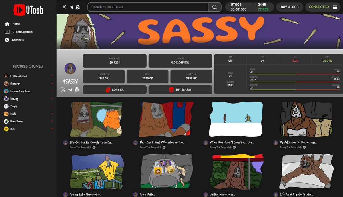 Sassycto's tweet photo. 🚨Trending on $UToob! 🚨$SASSY is taking the spotlight on @UToobCoin trending for the launch week. On launch we will have eight $SASSY videos for you to enjoy!! Check out our homepage below.
#UToobTrending #UToobLaunch https://t.co/a5VIcNHf0s
