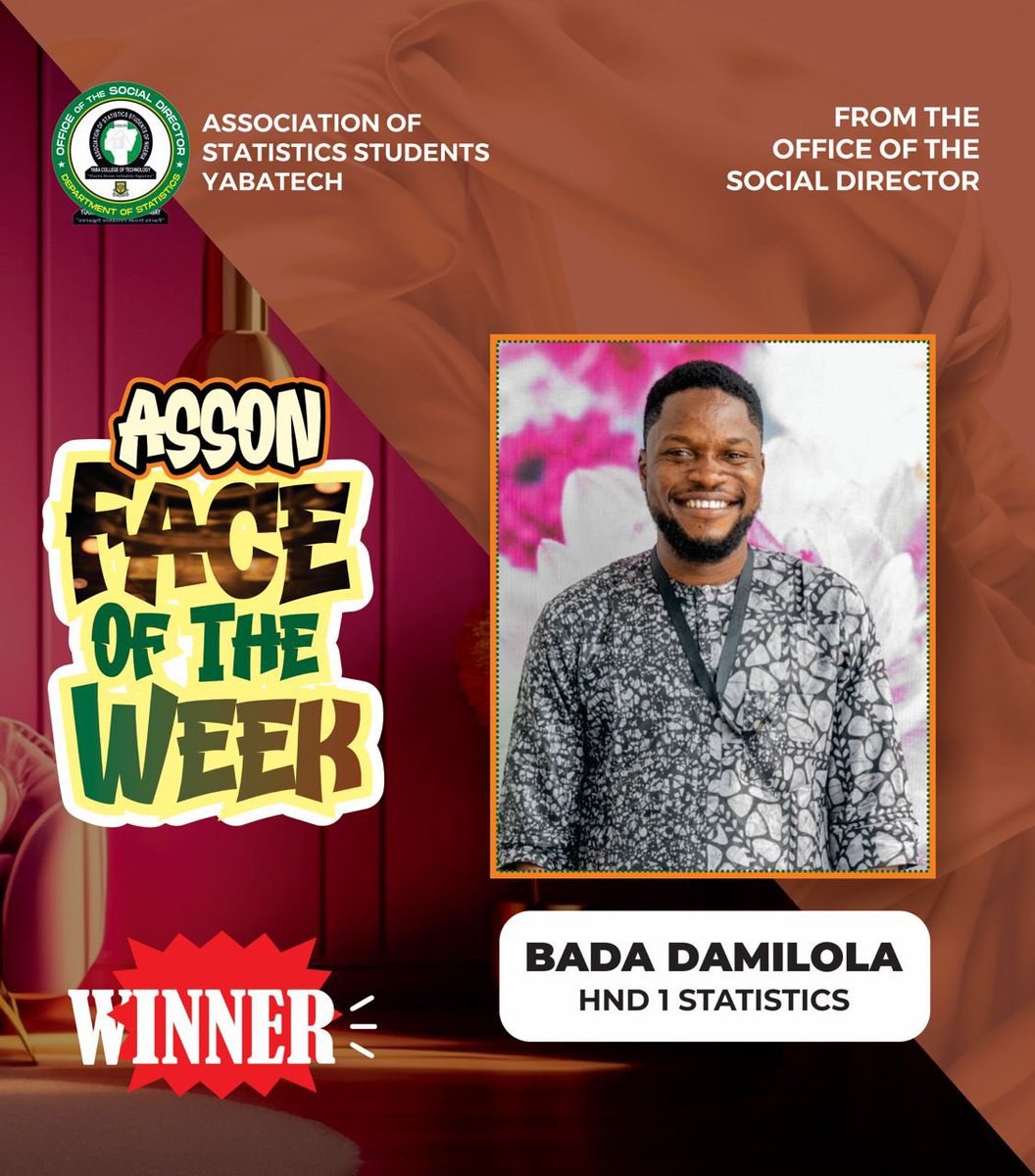 AYabatech6933's tweet photo. Congratulations to our first ever face of the week🔥💯🎉🎊👏🏽

BADA DAMILOLA👏🏽💯
#faceoftheweek #WINNER #Statistics #Asson https://t.co/n4NgRooG28