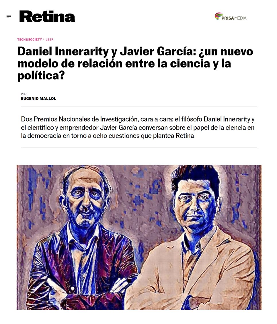 JavierGarciaMartinez (@javiergarciamar) on Twitter photo Ha sido un verdadero placer compartir conversación con <a href="/daniInnerarity/">Daniel Innerarity @daniel-innerarity.blsky.social</a> sobre cómo construir un nuevo modelo de relación entre la ciencia y la política para <a href="/retinate/">RETINA Tendencias</a> por <a href="/eugemallol/">Eugenio Mallol 🇺🇦</a>. retinatendencias.com/techsociety/da… <a href="/PRISA/">PRISA</a> <a href="/elpais_espana/">EL PAÍS España</a> Ha sido un verdadero placer compartir conversación con <a href="/daniInnerarity/">Daniel Innerarity @daniel-innerarity.blsky.social</a> sobre cómo construir un nuevo modelo de relación entre la ciencia y la política para <a href="/retinate/">RETINA Tendencias</a> por <a href="/eugemallol/">Eugenio Mallol 🇺🇦</a>. retinatendencias.com/techsociety/da… <a href="/PRISA/">PRISA</a> <a href="/elpais_espana/">EL PAÍS España</a>