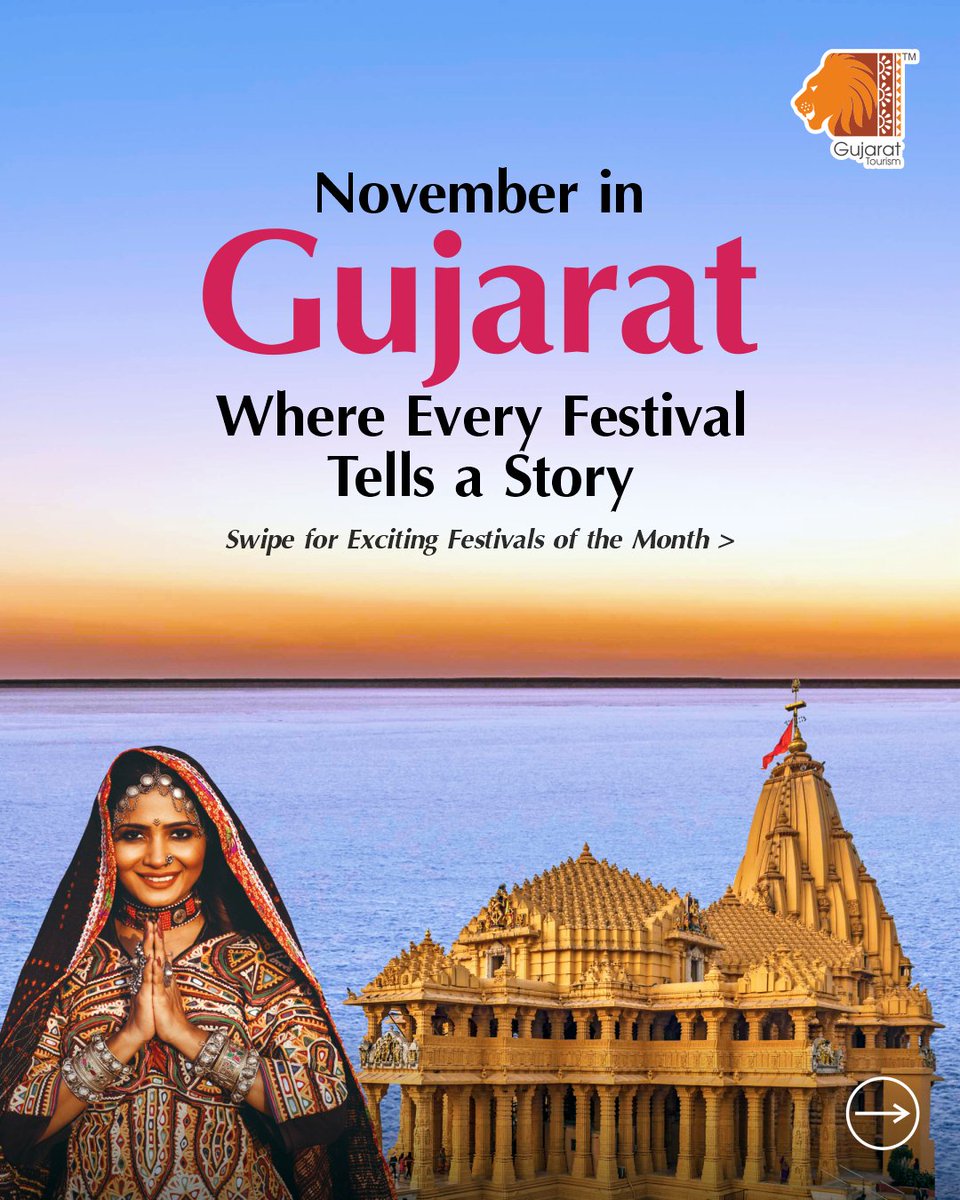 GujaratTourism's tweet photo. Swipe through for a lineup of vibrant fairs and celebrations this month. From the spiritual Shamlaji Fair to the stunning Rann Utsav, November is set to be a feast for the senses!

@mulubhai_bera 

#NovemberFestivities #ShamlajiFair #RannUtsav #GujaratTourism #CulturalCelebrations #FestiveSeason #VibrantGujarat #IndianFairs #TravelIndia #ExploreGujarat