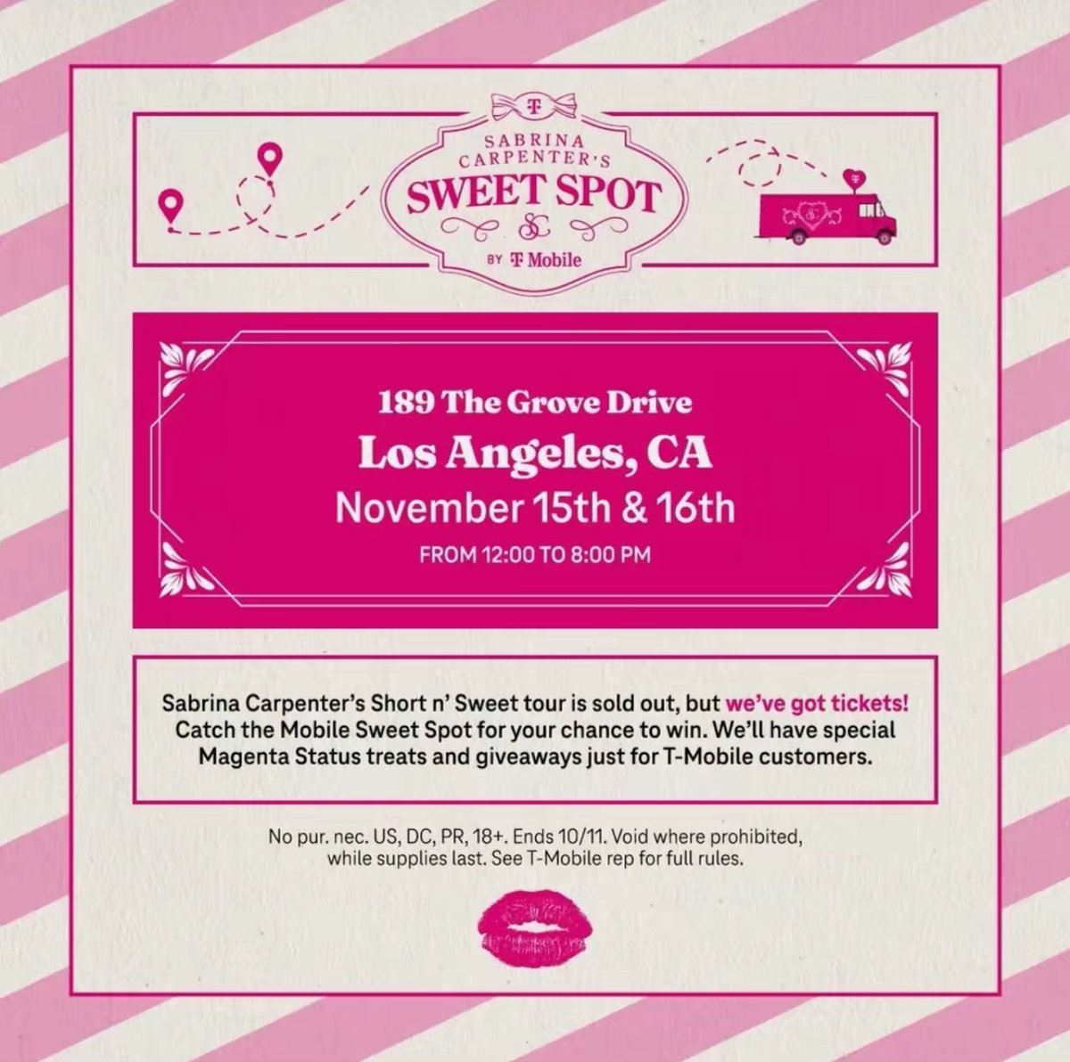 Los Angeles Carpenters, head over to the @TMobile Sweet Spot truck for a  chance to win tickets and more on November 15-16th at The Grove! 💋 Prizes  for T-Mobile customers only, Photo, image size:1200x1192