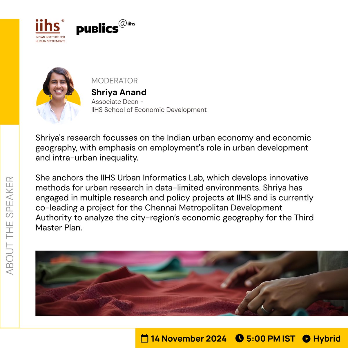 iihsin's tweet photo. We are delighted to have Sowmya Dhanaraj as the next speaker in the Publics@IIHS lecture series. Sowmya will be in conversation with Shriya Anand, discussing innovative financial inclusion projects implemented in garment factories across Karnataka.  

The talk will explore tailored financial products aimed at improving financial resilience for low-income wage earners, addressing key challenges such as liquidity constraints and limited access to formal financial services. Join us as Sowmya shares insights on the development and impact of these initiatives and considers potential pathways for expanding this critical work in the future.  

Sowmya will join us in person on 14 November, 5:00 pm IST, at the IIHS Bengaluru City Campus. 

The talk will also be streamed live on Zoom.  

🗓️ 14 November 2024 
🕛 5:00 pm IST 
📍 IIHS Bengaluru City Campus, and Zoom  

Register here: https://t.co/u8ImhlC868 

#IIHS #Publics@IIHS #FinancialInclusion #WorkerResilience #InclusiveGrowth #ManufacturingEmpowerment