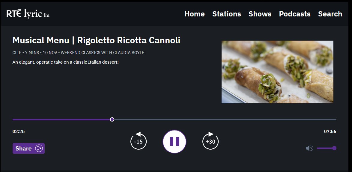 RTElyricfm's tweet photo. Don't miss out on @ClaudiVaBoyle's Musical Menu from this weekend! #WeekendClassics
Rigoletto Ricotta Cannoli- An elegant, operatic take on a classic Italian dessert!
https://t.co/zM23qmCBGf https://t.co/SFZMN73jtx