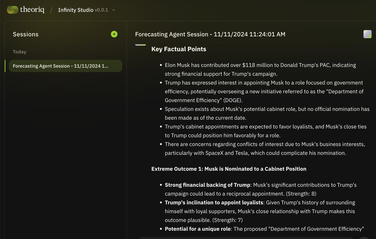 Link_Trooper's tweet photo. Q - "Will Elon Musk be nominated to a cabinet position?"

A - "If I had to give a number: there would be a 45 percent chance of Elon Musk being nominated to a cabinet position."

@TheoriqAI 
@Polymarket https://t.co/FKxN98T5eQ