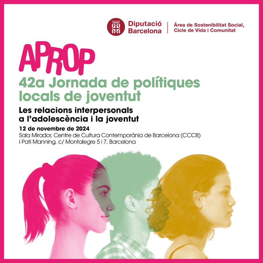 📢Demà dimarts!
📌Jornada #APROP: Les relacions interpersonals a l’#adolescència i la #joventut
Espai de reflexió, comunicació i debat al voltant de models de relacions interpersonals satisfactòries i saludables.
⏰9:30h📍@cececebe
T'esperem!
👉diba.cat/es/web/joventu…
#42JPLJ