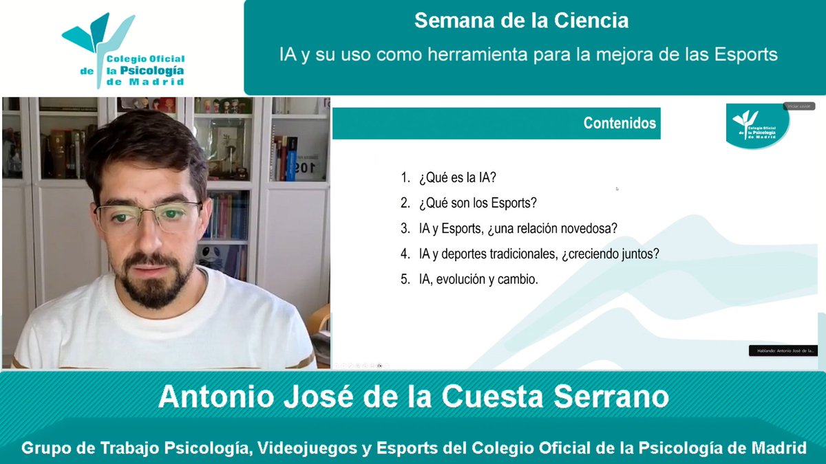 📸Cecilia Jiménez y <a href="/adelacues/">Antonio J. de la Cuesta</a>, psicólogos y miembros del Grupo de Trabajo Psicología, Videojuegos y Esports del Colegio, imparten una videoconferencia por la #SemanaDeLaCiencia sobre el uso de la #InteligenciaArtificial para la mejora de los Esports.