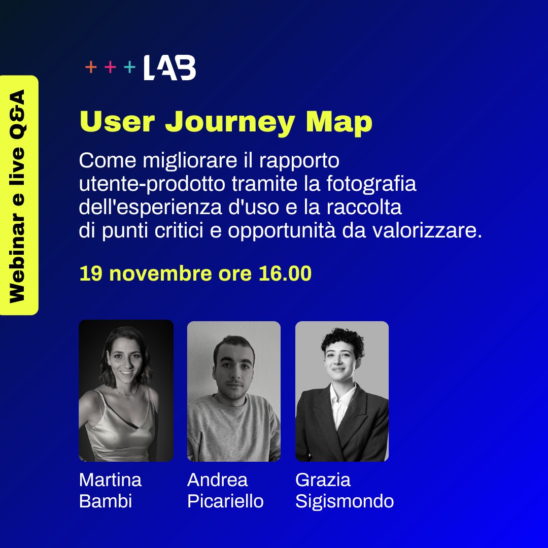 Ogni prodotto/servizio che si rispetti deve essere sviluppato tenendo in considerazione il punto di vista degli utenti che ne usufruiranno.

Riserva ora il tuo posto al webinar e scopri le potenzialità della User Journey Map➡️ shorturl.at/WeK9h