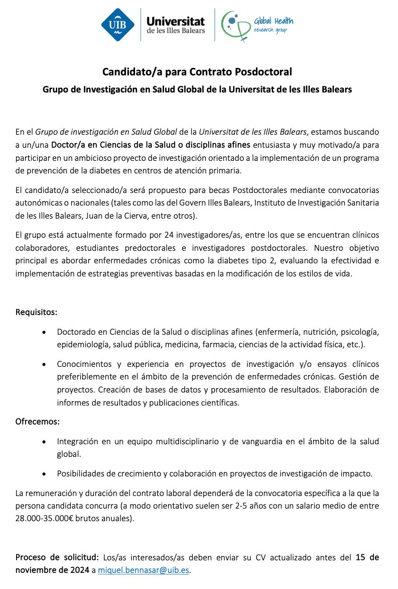 miquelbennasar's tweet image. Candidato/a contrato postdoctoral: buscamos Doctor/a en Ciencias de la Salud o disciplinas afines entusiasta y muy motivado/a para participar en un proyecto de prevención de diabetes
@FPUinvestiga 
@CIBER_ESP
@RICAPPS_Red
@UIBuniversitat
@seepidemiologia
@Grupo_EJE @SaludISCIII