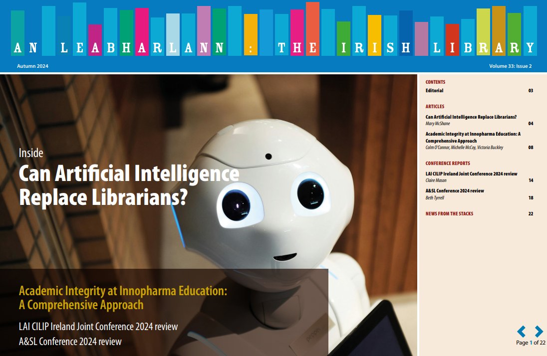 De Chastelain library assistant, Mary McShane, wrote the feature article in An Leabharlann, 'Can Artificial Intelligence replace librarians'. It can be viewed here: bit.ly/3Chj2h6 
<a href="/LAIonline/">Library Association</a> <a href="/DkIT_ie/">DkIT</a>