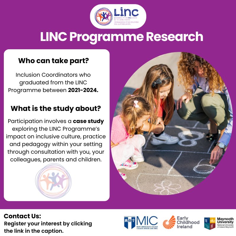 The LINC Team is seeking Inclusion
Coordinators to participate in an evaluation of the LINC Programme.

See the poster for more information.

Register your interest ➡️ surveymonkey.com/r/LINCResearch