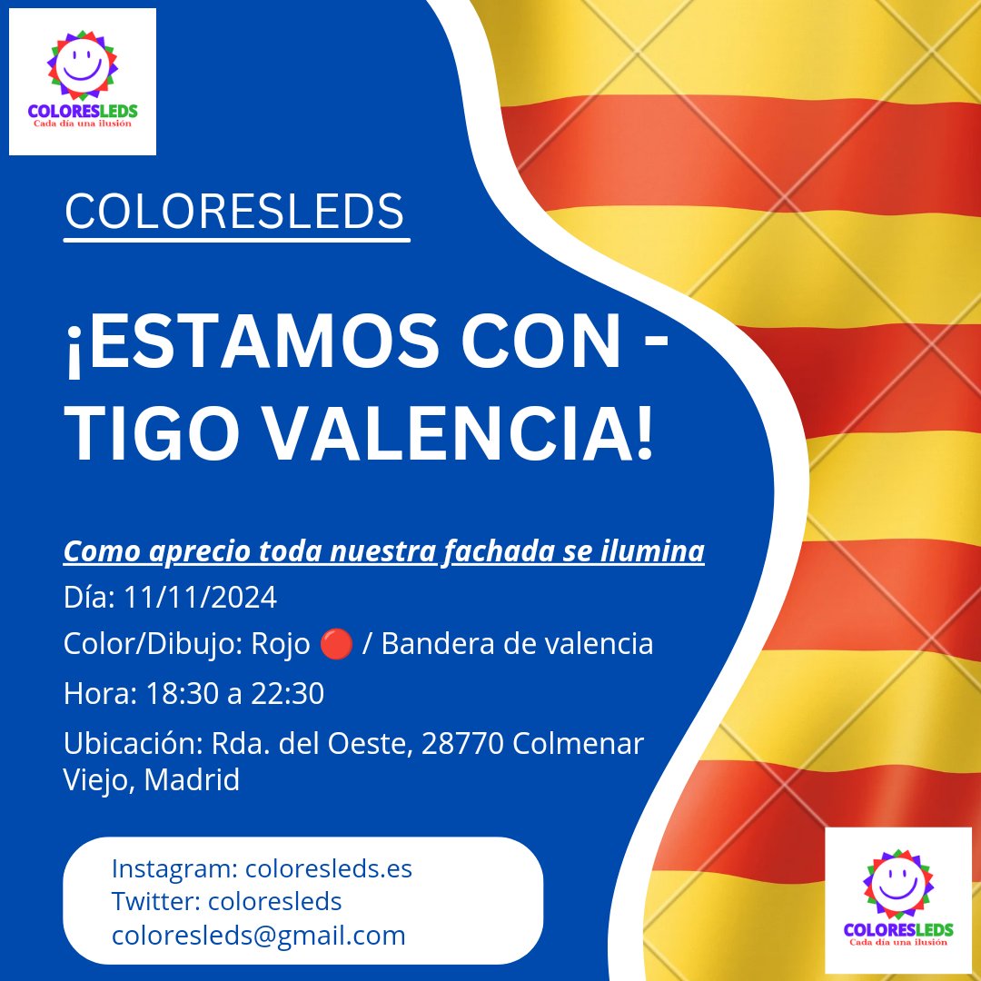 ColoresLEDS's tweet image. Hoy día 11/11/2024 nuestra fachada se ilumina de color (Rojo 🔴) Para homenajear y dar MUCHA FUERZA A VALENCIA

ColoresLEDS está con vosotros.

#Valencia #DanaValencia #DANA #ayudavalencia