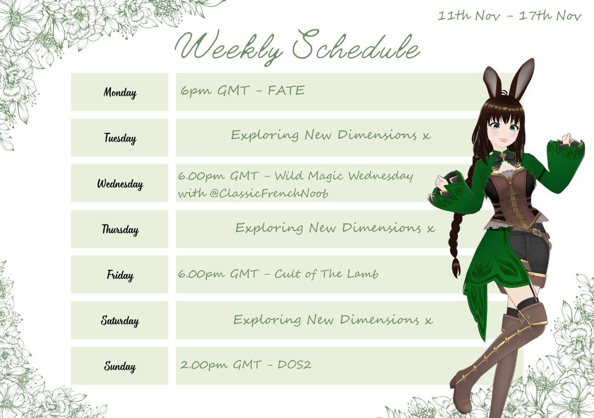 MegolinTTV's tweet image. Schedule for this week ✨🌿

Continuing with #Fate (basically going back to lvl 1 to get exp farm)
#WildMagic in #BG3 with @classicFRnoob 
We're finally starting a cult in #CultOfTheLamb!!!
And then can we get out of our hate loop in #DOS2?

#vtuber #britishvtuber #streamer