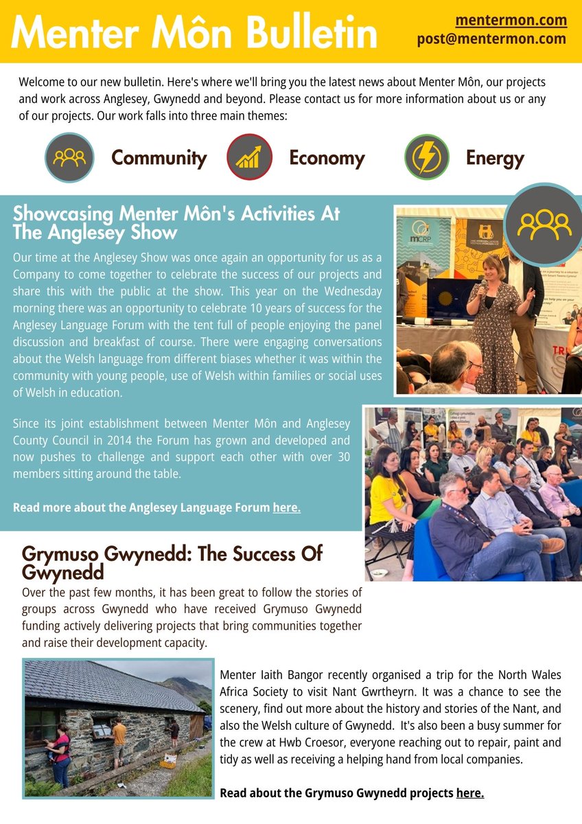 HwbMenter's tweet photo. Did you know that @MenterMon delivers a range of projects, covering three main themes; Community, Economy &amp; Energy?

Read our latest bulletin below for the latest stories emerging from Menter Môn projects.

~Sara https://t.co/8CzzcL0QgF