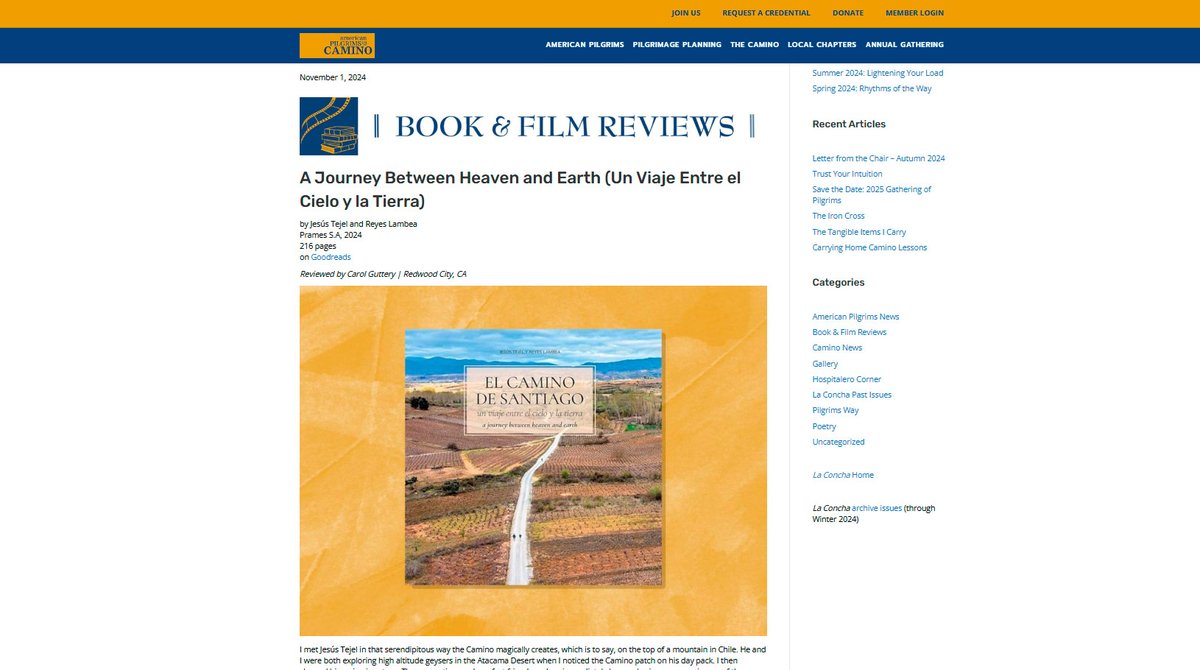 𝙀𝙡 𝘾𝙖𝙢𝙞𝙣𝙤 𝙙𝙚 𝙎𝙖𝙣𝙩𝙞𝙖𝙜𝙤, 𝙪𝙣 𝙫𝙞𝙖𝙟𝙚 𝙚𝙣𝙩𝙧𝙚 𝙚𝙡 𝙘𝙞𝙚𝙡𝙤 𝙮 𝙡𝙖 𝙩𝙞𝙚𝙧𝙧𝙖 en web de #AmericanPilgrims on the Camino. Libro de <a href="/JesusTejel/">Jesús Tejel</a> y <a href="/reyeslambea/">Reyes Lambea</a>, gran recuerdo para quienes hacen el Camino👉bit.ly/4evcmcG #CaminoDeSantiago #camino