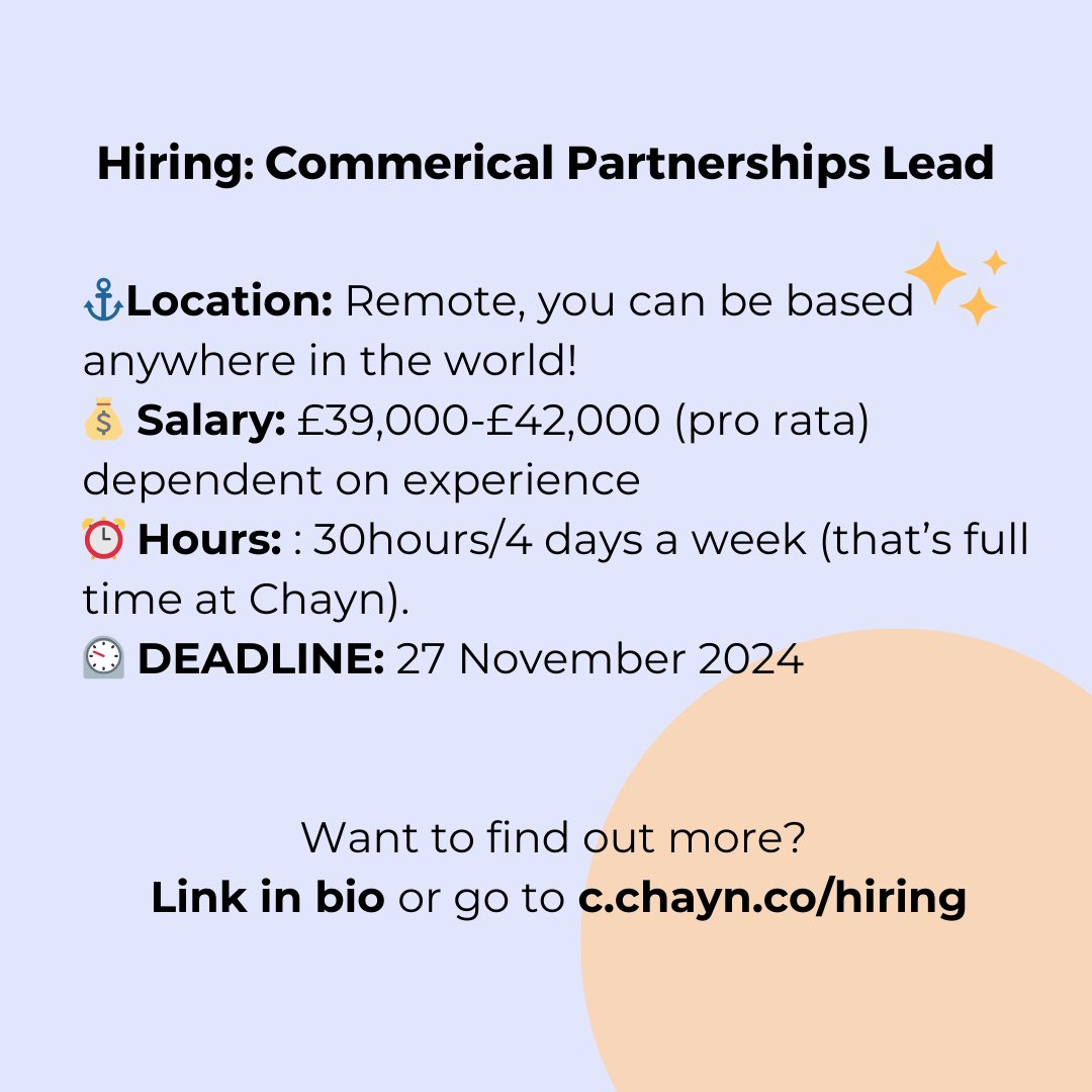 We're looking for a confident &amp; sales person to lead on our commercial partnerships, training and programme delivery. ⚓ Remote 💰 £39,000-£42,000 (pro rata) dependent on experience ⚙️ Hours: 30hrs 🗓️ 12 months ⏲️ DEADLINE: 27 Nov 2024 

Apply here: chayn.notion.site/Commercial-Par…