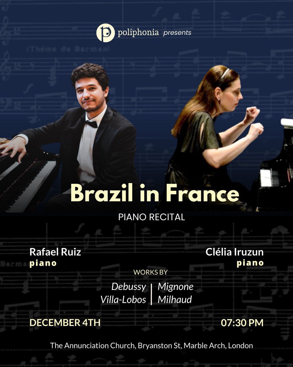 Next concert Brazil in France on the 4th December at 7:30pm Church of Annunciation Marble Arch, London.
Solos and duets with Rafael Ruiz!
Music by Villa-Lobos, Debussy, Mignone and Milhaud! #brazil #france #livemusic #ClassicalMusic