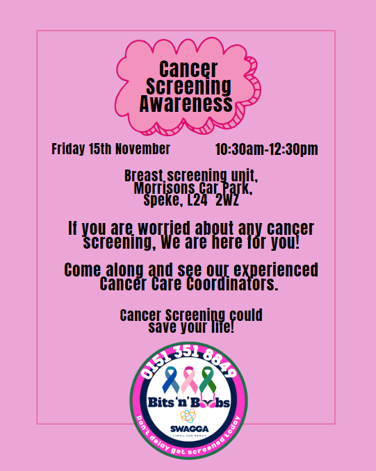 Do you have any concerns related to cancer screening? Wanting more information on what to expect during your cancer screening appointment?
Our Cancer Care Coordinators will be at the breast screening unit in Speke Morrisons car park on
Friday 15th November 2024! 10:30am-12:30pm