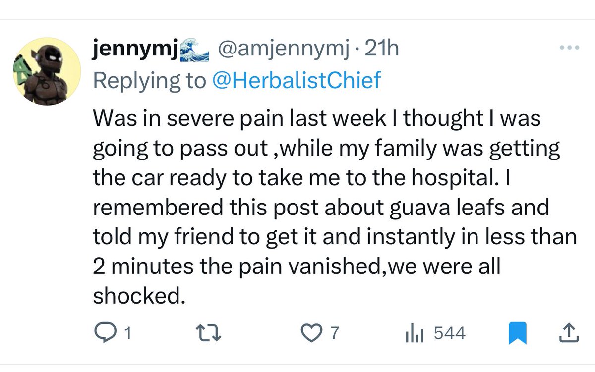 HerbalistChief's tweet image. While they were preparing the car to take him to the hospital, he remembered my post, applied it and in less than 2 minutes the pain vanished. 

Nature heals