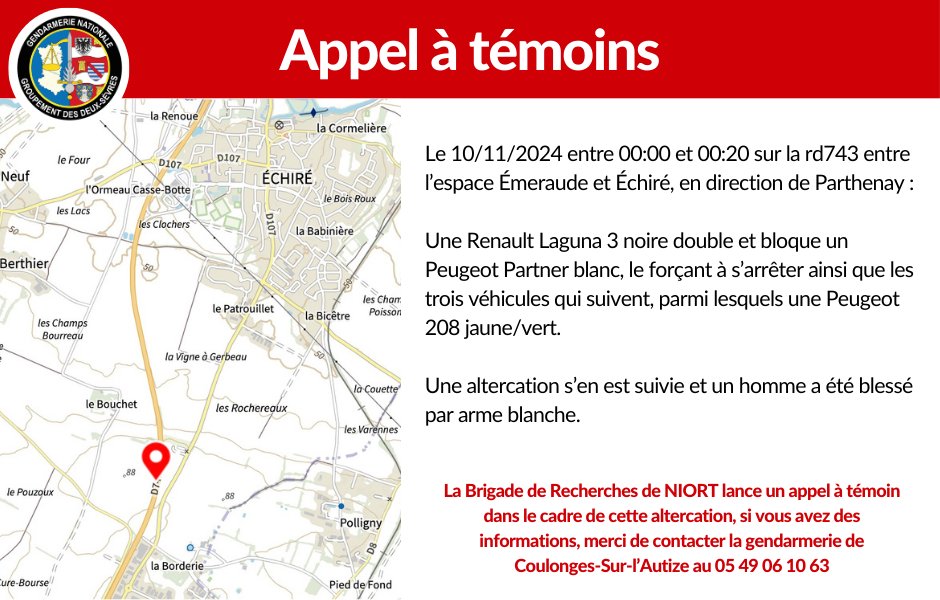 Gendarmerie_079's tweet photo. La Brigade de Recherches de NIORT lance un #APPELATEMOINS  dans le cadre d’une altercation ayant eu lieu le dimanche 10 novembre, près de Échiré (79).
En cas d'informations, merci de contacter la brigade de #gendarmerie de Coulonges-Sur-l’Autize au 05 49 06 10 63. https://t.co/bWVFy0cNeT