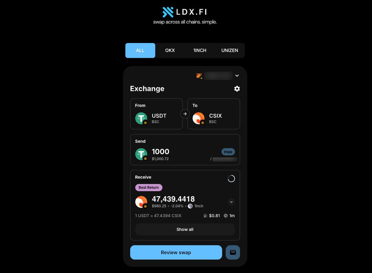 LDX.FI (@ldxfi) on Twitter photo The easiest way to buy $CSIX 💎
 
🔸Swap/Bridge Assets with LDX.FI
🔸Move and Swap Liquidity Across 20+ Chains
🔸Taps into All Major Liquidity Networks
🔸Get the Fastest and Cheapest Route Everytime
🔸 Swap fees get burnt in #CSIX
LFG $CSIX 🔥 The easiest way to buy $CSIX 💎
 
🔸Swap/Bridge Assets with LDX.FI
🔸Move and Swap Liquidity Across 20+ Chains
🔸Taps into All Major Liquidity Networks
🔸Get the Fastest and Cheapest Route Everytime
🔸 Swap fees get burnt in #CSIX
LFG $CSIX 🔥
