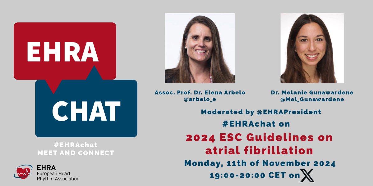 EHRAPresident (@ehrapresident) on Twitter photo Join us today at 19:00 on <a href="/X/">X</a> for #EHRAchat round 4 with <a href="/arbelo_e/">Elena Arbelo</a> & <a href="/Mel_Gunawardene/">Melanie Gunawardene</a> on <a href="/escardio/">European Society of Cardiology</a> 2024 AF guidelines #EHRA_ESC Join us today at 19:00 on <a href="/X/">X</a> for #EHRAchat round 4 with <a href="/arbelo_e/">Elena Arbelo</a> & <a href="/Mel_Gunawardene/">Melanie Gunawardene</a> on <a href="/escardio/">European Society of Cardiology</a> 2024 AF guidelines #EHRA_ESC