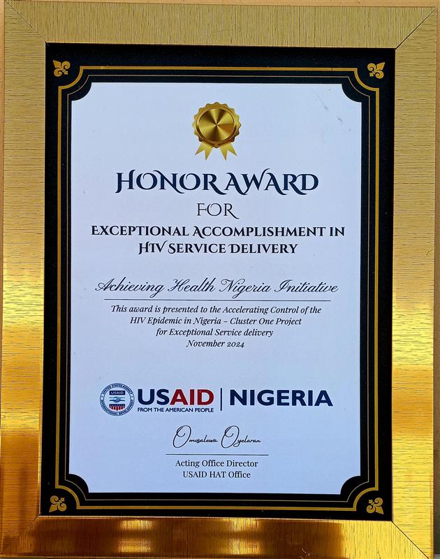 Exciting News! AHNi has been honored by <a href="/USAID/">USAID</a> for Exceptional Accomplishment in HIV service delivery! This award recognizes our efforts in accelerating HIV control in Borno, Adamawa, Yobe, and Taraba states. Together, we are making a difference! #HIV #AHNi #Health <a href="/NACANigeria/">NACA Nigeria</a>