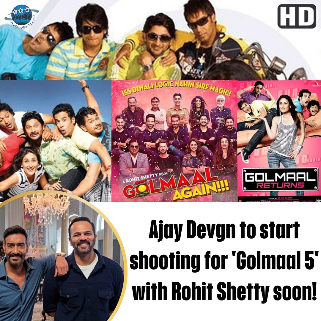 TeamTFW's tweet image. Get ready to laugh out loud! 🤣 

Ajay Devgn and Rohit Shetty are back with Golmaal 5! 

The iconic duo is all set to bring us another round of fun, chaos, and comedy.

 Who's excited for the next chapter in this legendary franchise? 

#GolmaalReturns #ComedyMagic #thefansworld